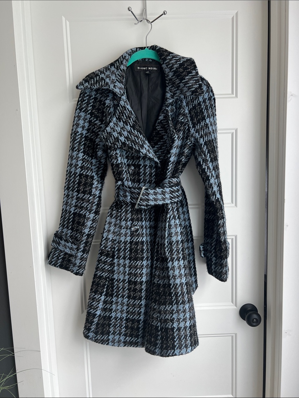 blanc noir Black & Light Blue Plaid Belted Trench Coat